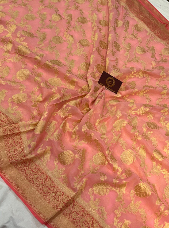 Light Peach Banarasi Khaddi Georgette Saree - Aura Benaras