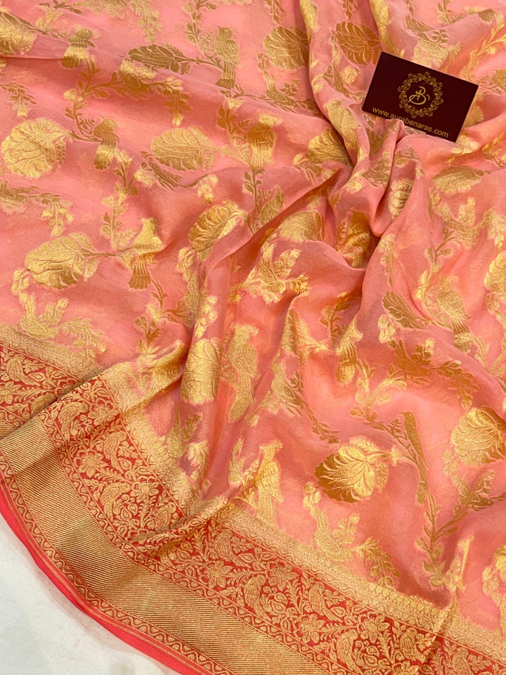 Light Peach Banarasi Khaddi Georgette Saree - Aura Benaras