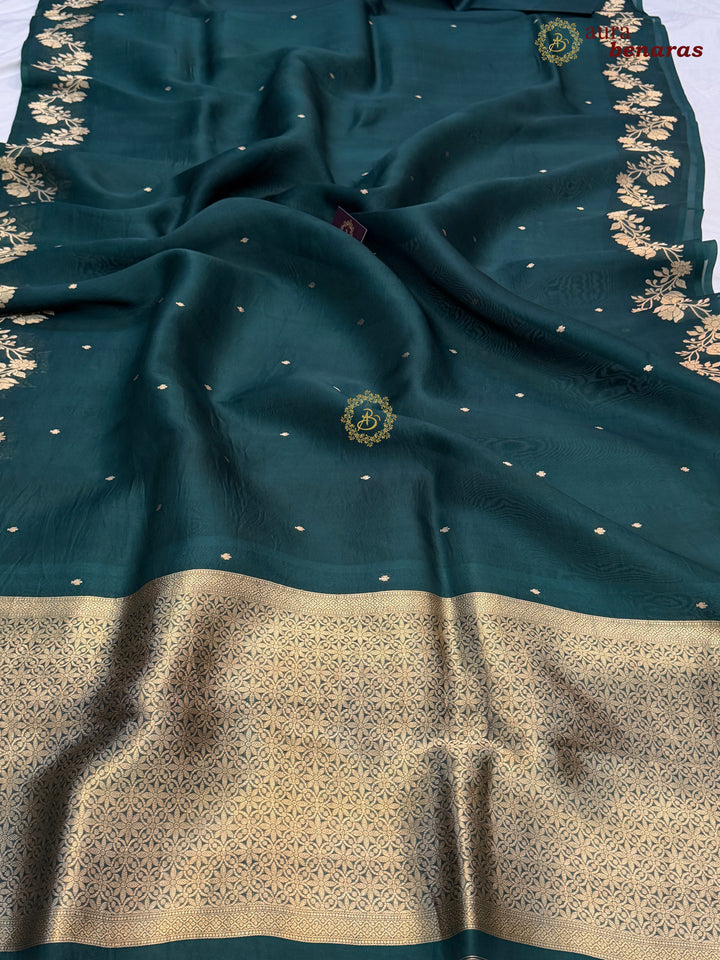 Bottle Green Pure Kora Silk Banarasi Saree with Zari Butis & Border