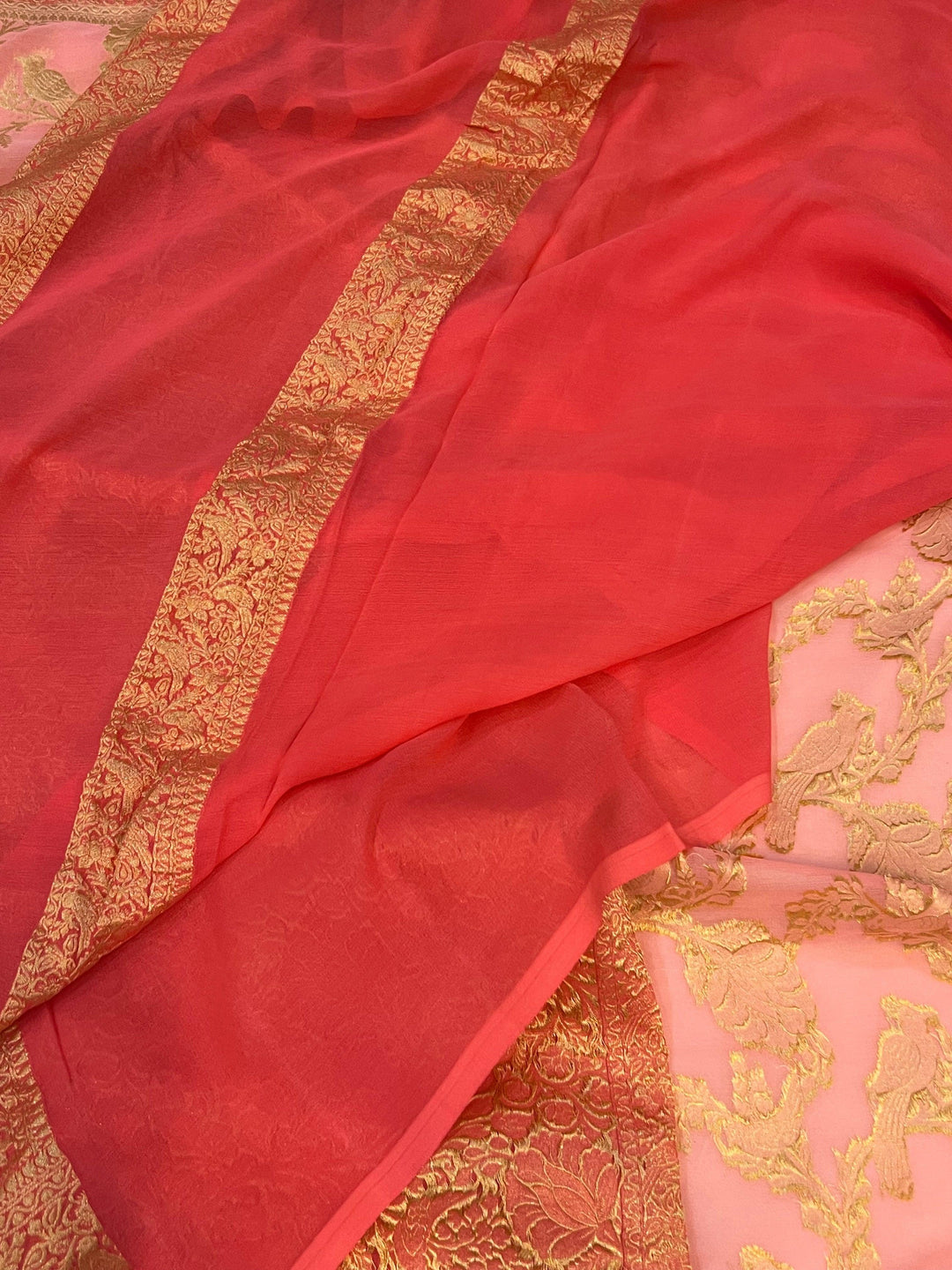Light Peach Banarasi Khaddi Georgette Saree - Aura Benaras
