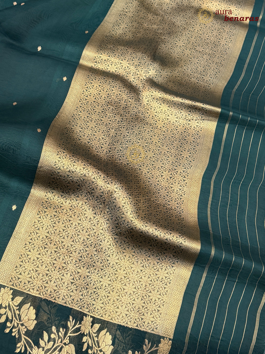Bottle Green Pure Kora Silk Banarasi Saree with Zari Butis & Border