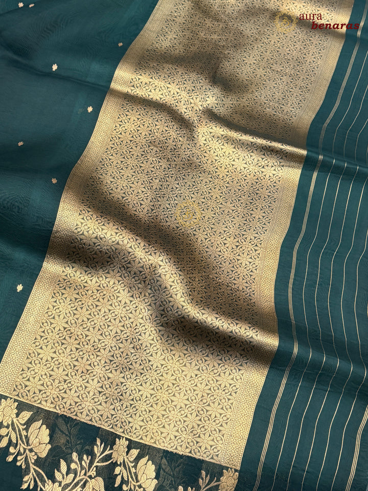 Bottle Green Pure Kora Silk Banarasi Saree with Zari Butis & Border
