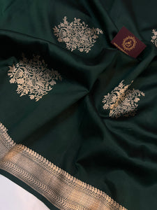 Bottle Green Pure Banarasi Handloom Silk Saree - Aura Benaras