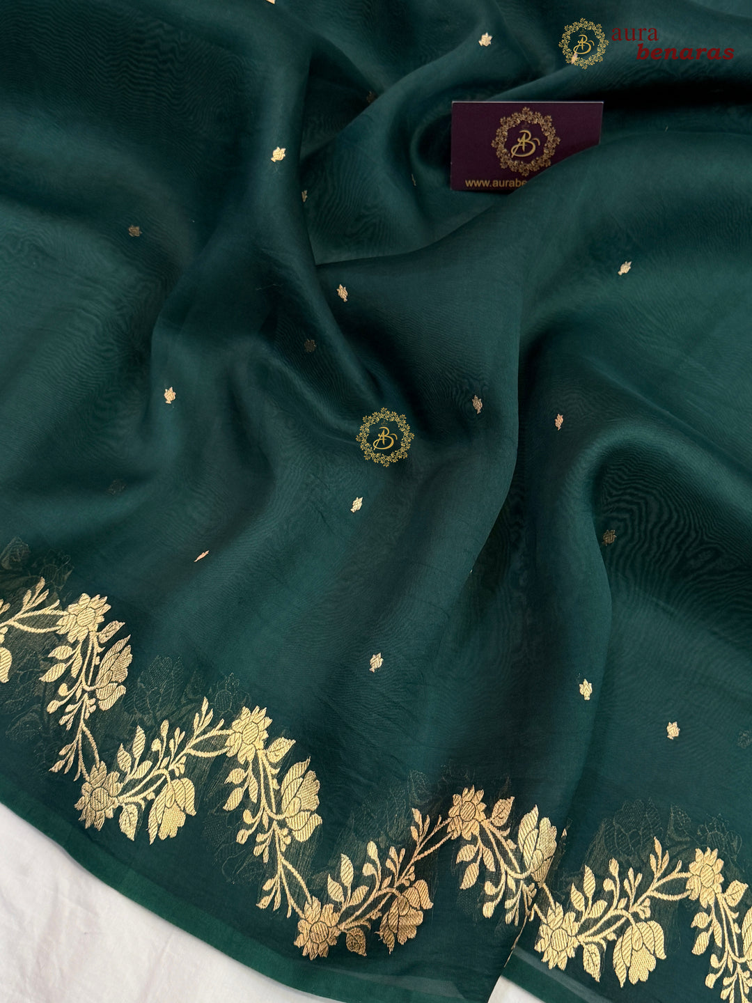 Bottle Green Pure Kora Silk Banarasi Saree with Zari Butis & Border