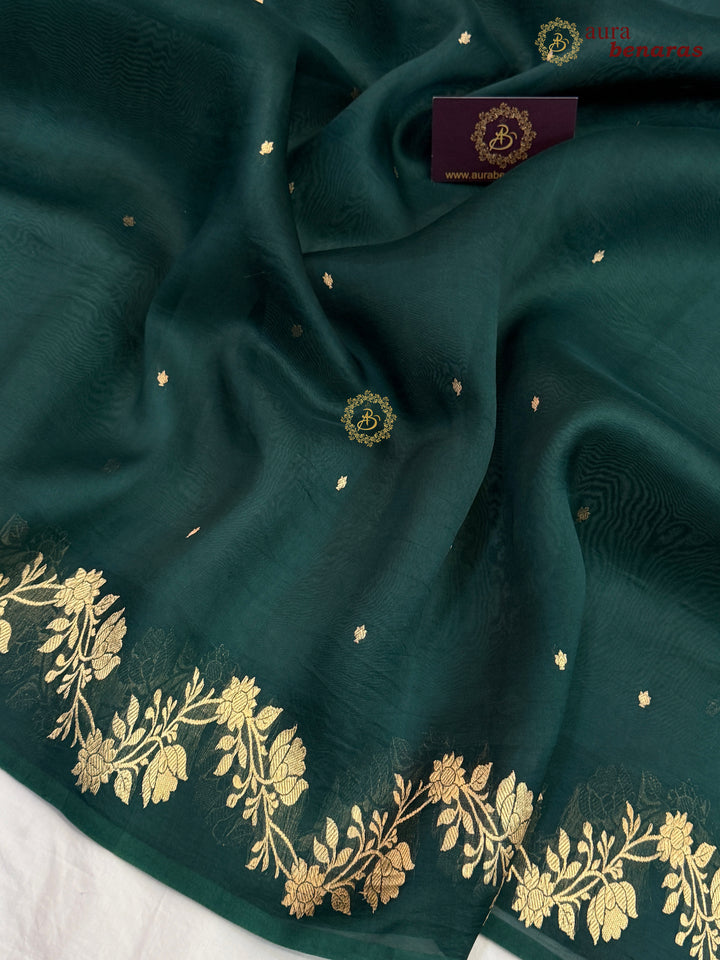 Bottle Green Pure Kora Silk Banarasi Saree with Zari Butis & Border