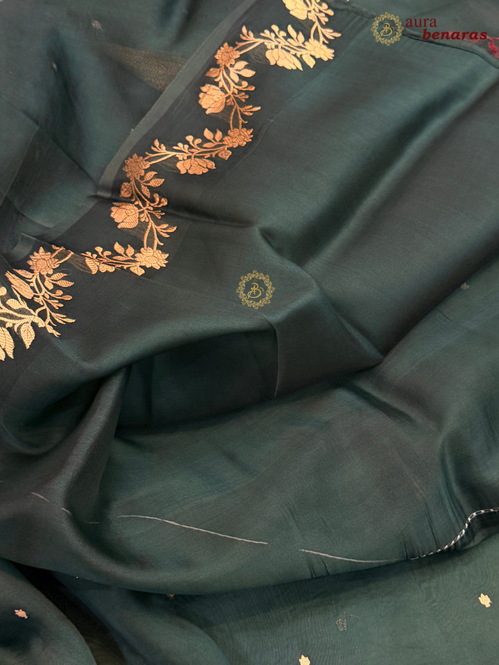 Bottle Green Pure Kora Silk Banarasi Saree with Zari Butis & Border