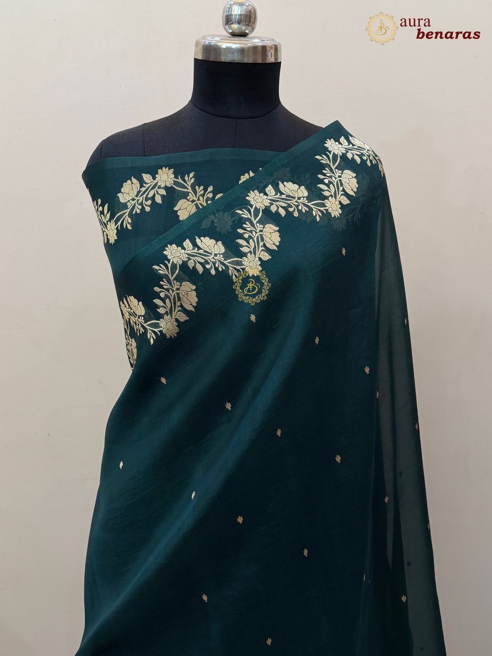 Bottle Green Pure Kora Silk Banarasi Saree with Zari Butis & Border