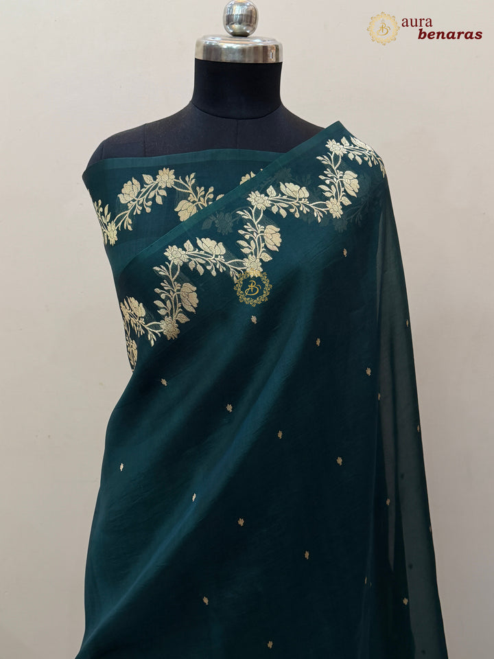 Bottle Green Pure Kora Silk Banarasi Saree with Zari Butis & Border
