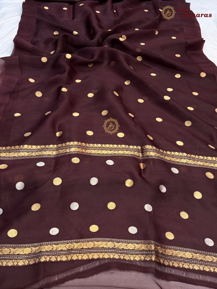 Pure Brown Banarasi Handloom Kora Silk Saree with Kadhwa Butis Aura Benaras
