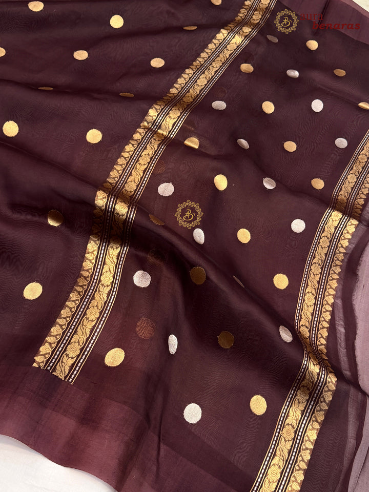 Pure Brown Banarasi Handloom Kora Silk Saree with Kadhwa Butis Aura Benaras