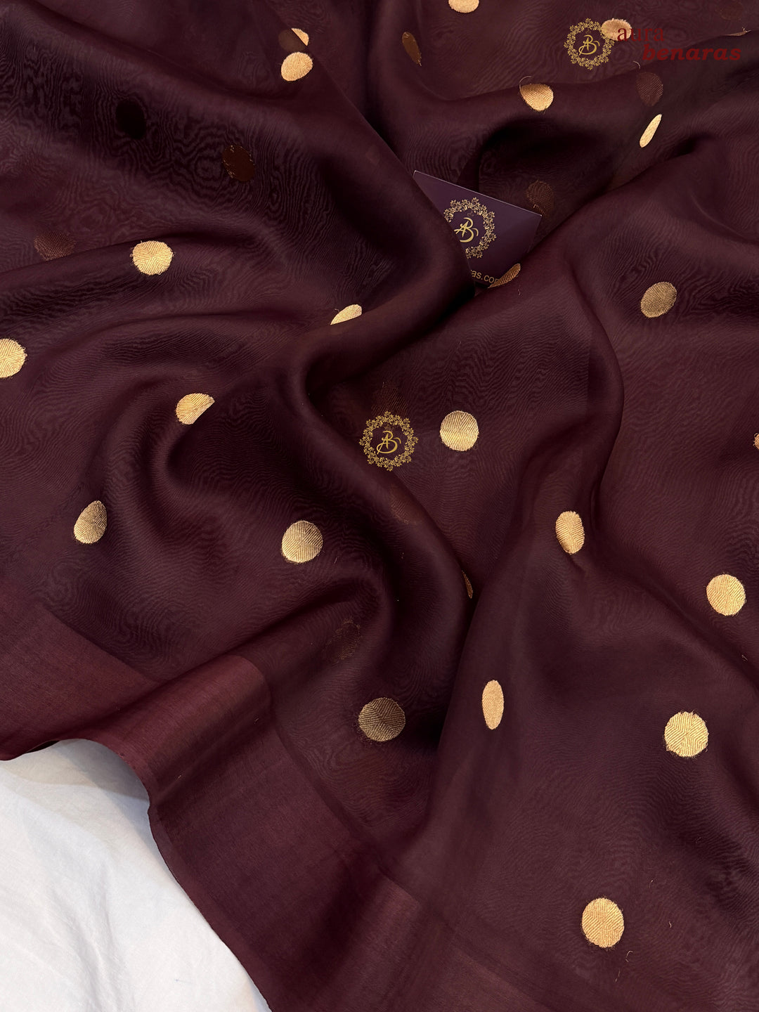 Pure Brown Banarasi Handloom Kora Silk Saree with Kadhwa Butis Aura Benaras