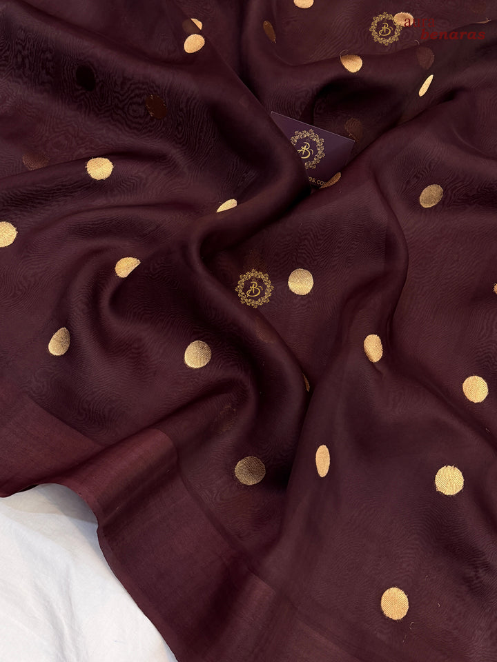 Pure Brown Banarasi Handloom Kora Silk Saree with Kadhwa Butis Aura Benaras