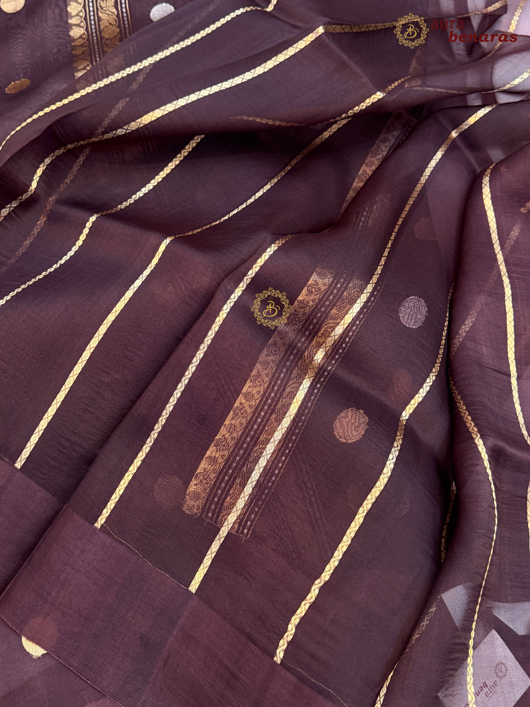 Pure Brown Banarasi Handloom Kora Silk Saree with Kadhwa Butis Aura Benaras