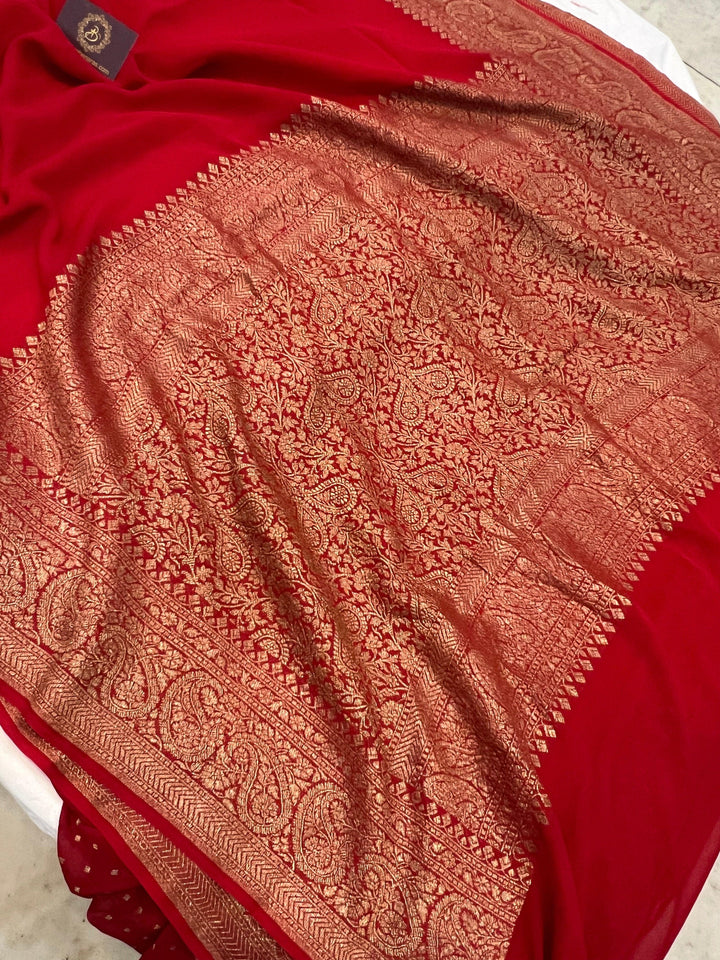 Red Pure Banarasi Khaddi Georgette Saree - Aura Benaras