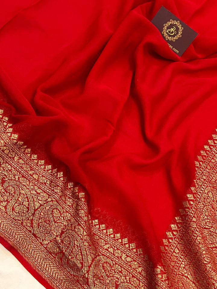 Red Pure Banarasi Khaddi Georgette Saree - Aura Benaras