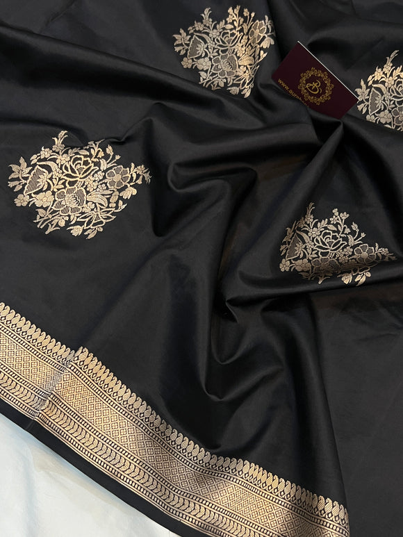 Black Pure Banarasi Handloom Silk Saree - Aura Benaras