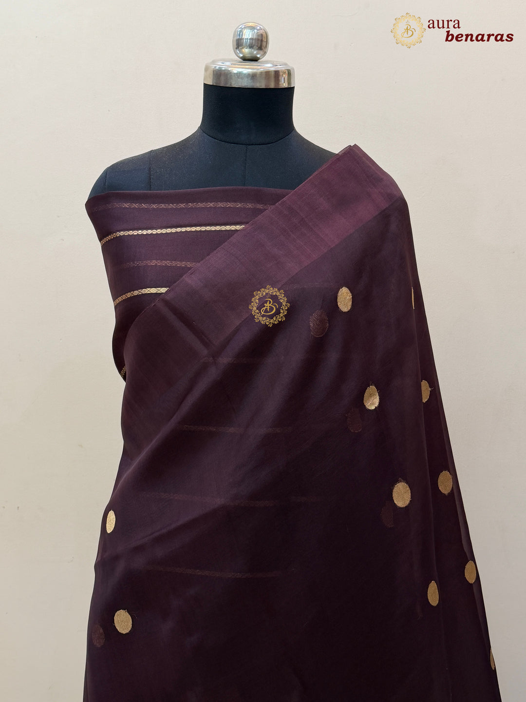 Pure Brown Banarasi Handloom Kora Silk Saree with Kadhwa Butis Aura Benaras