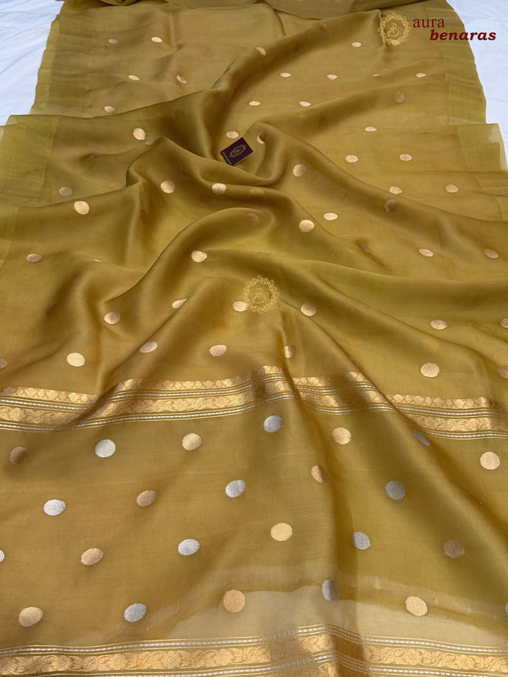 Pure Mustard Yellow Banarasi Handloom Kora Silk Saree with Kadhwa Butis Aura Benaras