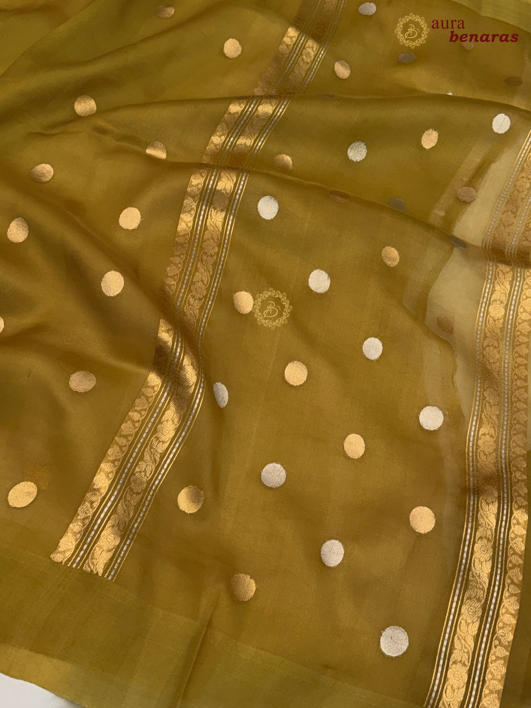 Pure Mustard Yellow Banarasi Handloom Kora Silk Saree with Kadhwa Butis Aura Benaras