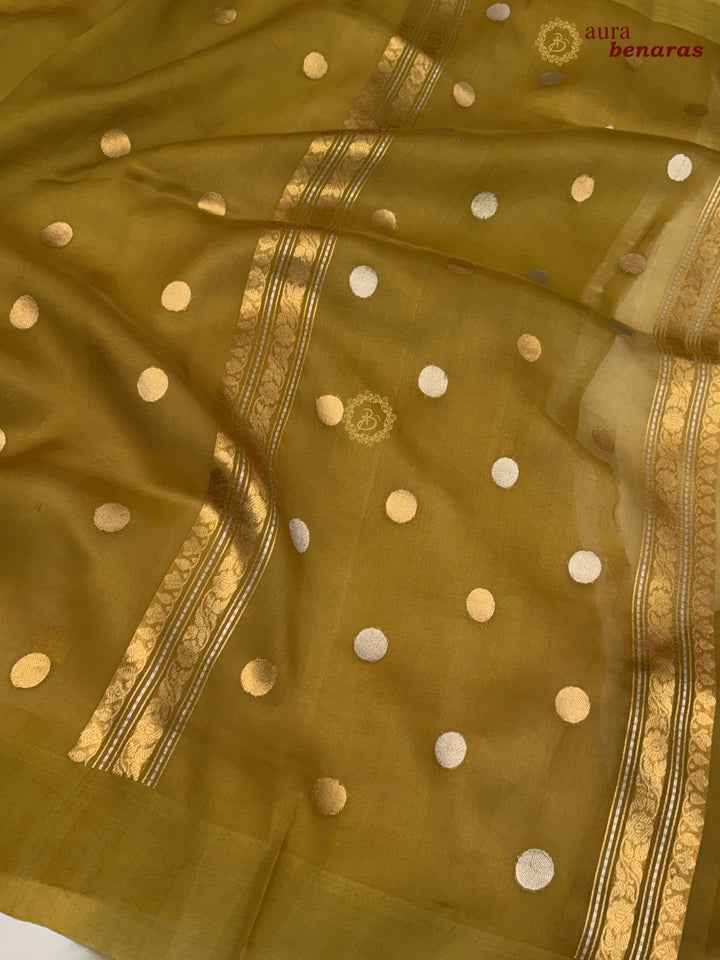 Pure Mustard Yellow Banarasi Handloom Kora Silk Saree with Kadhwa Butis Aura Benaras