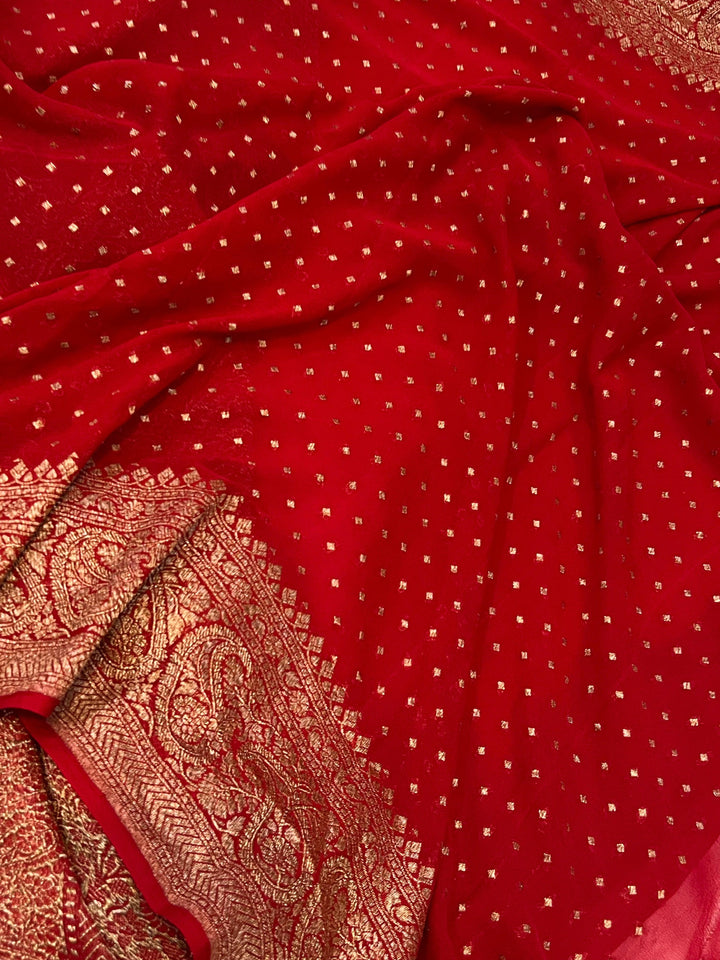 Red Pure Banarasi Khaddi Georgette Saree - Aura Benaras