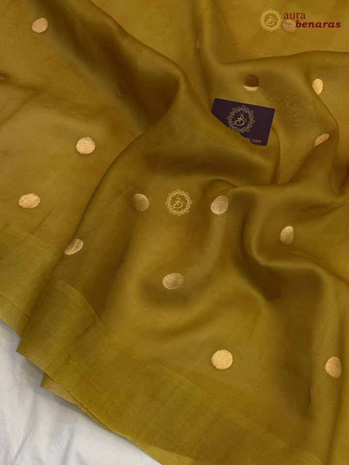 Pure Mustard Yellow Banarasi Handloom Kora Silk Saree with Kadhwa Butis Aura Benaras