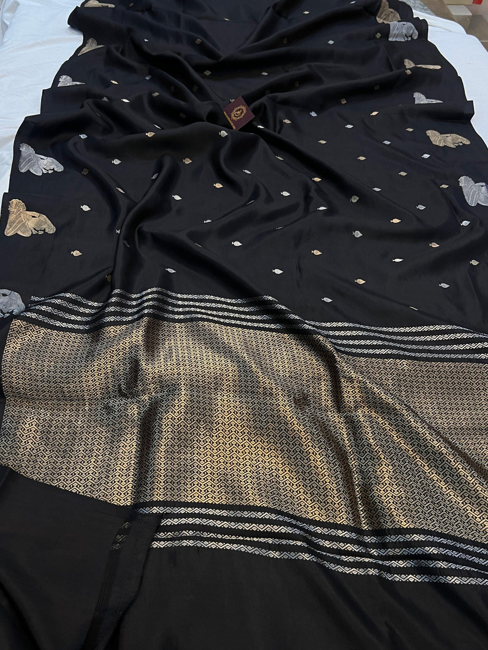 Black Pure Banarasi Handloom Silk Saree - Aura Benaras