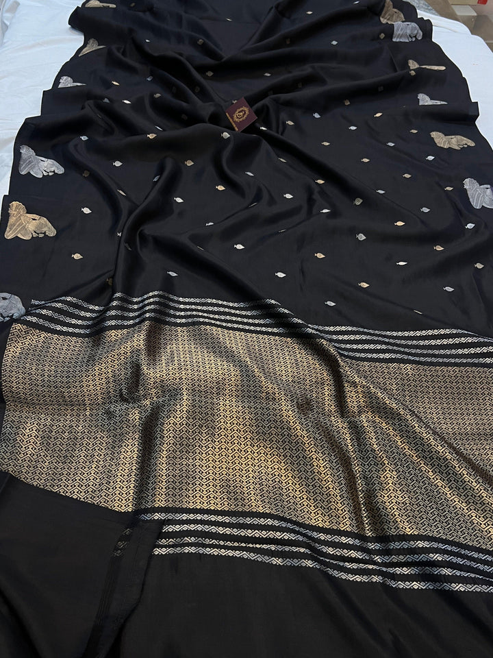 Black Pure Banarasi Handloom Silk Saree - Aura Benaras