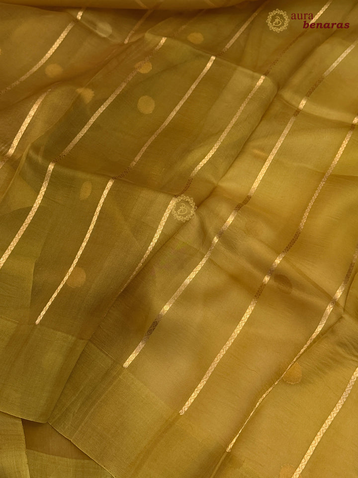 Pure Mustard Yellow Banarasi Handloom Kora Silk Saree with Kadhwa Butis Aura Benaras