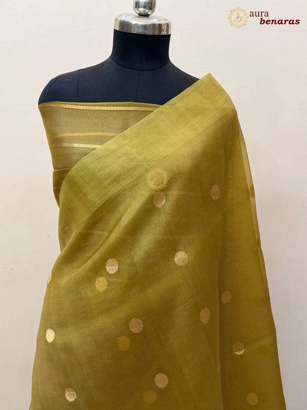 Pure Mustard Yellow Banarasi Handloom Kora Silk Saree with Kadhwa Butis Aura Benaras