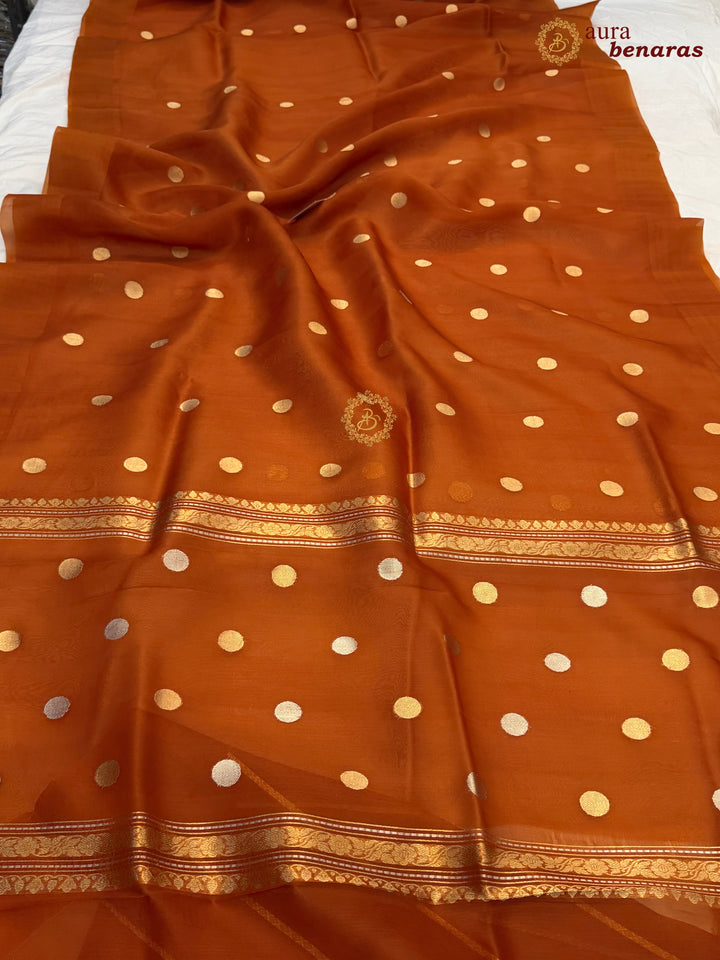 Pure Rust Orange Banarasi Handloom Kora Silk Saree with Kadhwa Butis Aura Benaras
