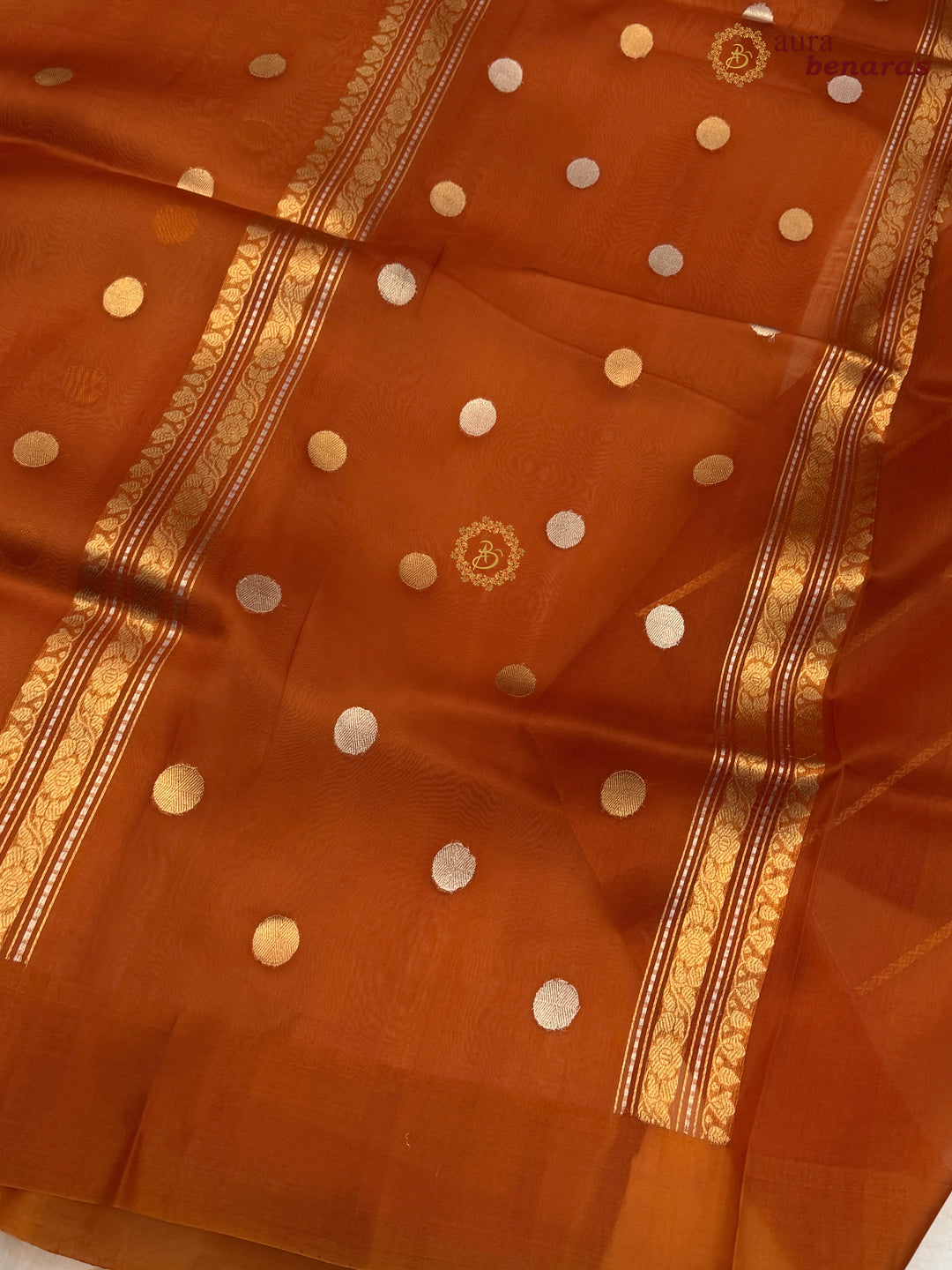Pure Rust Orange Banarasi Handloom Kora Silk Saree with Kadhwa Butis Aura Benaras
