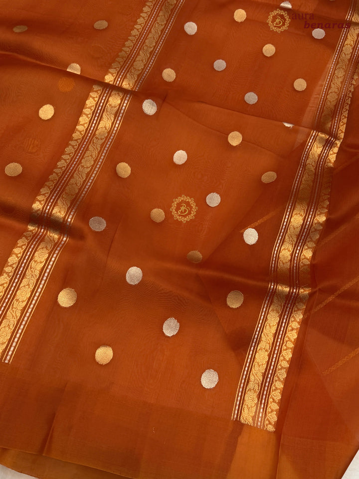 Pure Rust Orange Banarasi Handloom Kora Silk Saree with Kadhwa Butis Aura Benaras
