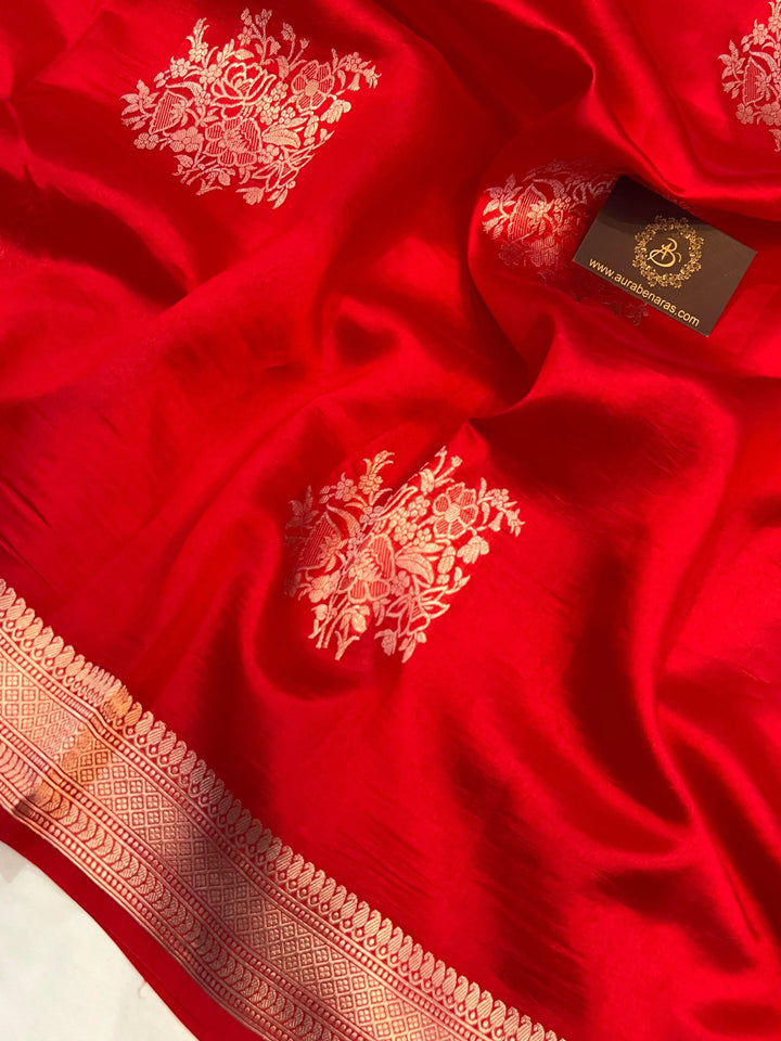 Red Pure Banarasi Handloom Silk Saree - Aura Benaras