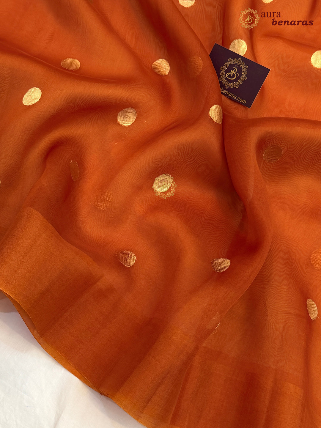 Pure Rust Orange Banarasi Handloom Kora Silk Saree with Kadhwa Butis Aura Benaras