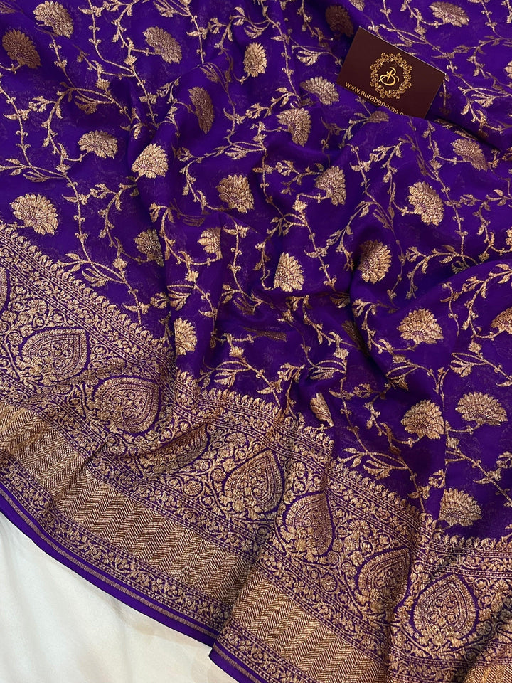 Yellow Banarasi Handloom Pure Khaddi Georgette Silk Saree - Aura Benaras