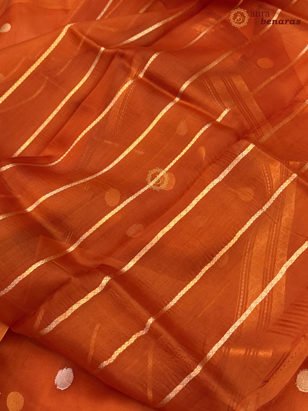 Pure Rust Orange Banarasi Handloom Kora Silk Saree with Kadhwa Butis Aura Benaras
