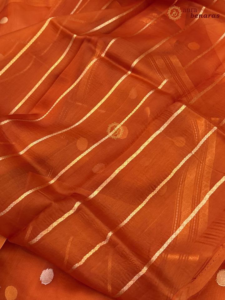 Pure Rust Orange Banarasi Handloom Kora Silk Saree with Kadhwa Butis Aura Benaras