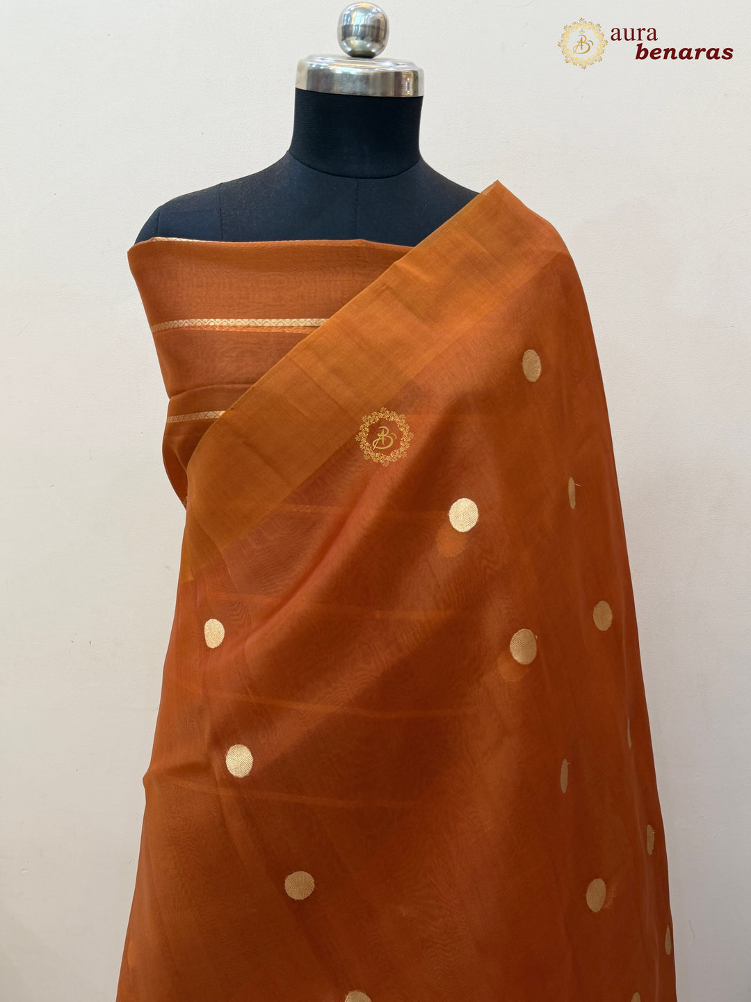 Pure Rust Orange Banarasi Handloom Kora Silk Saree with Kadhwa Butis Aura Benaras