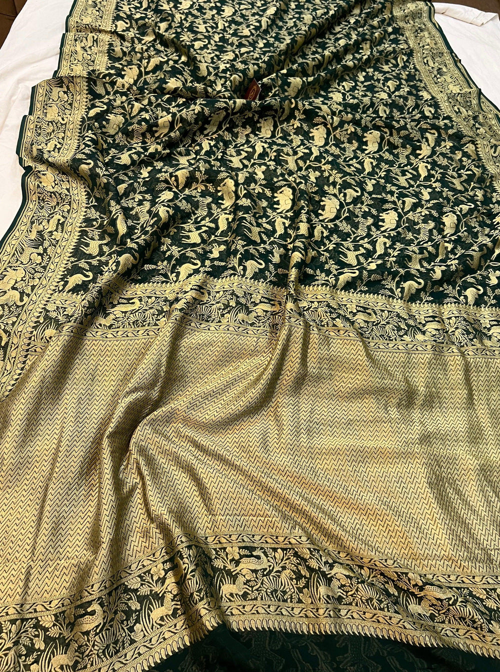 Bottle Green Pure Banarasi Khaddi Georgette Saree - Aura Benaras