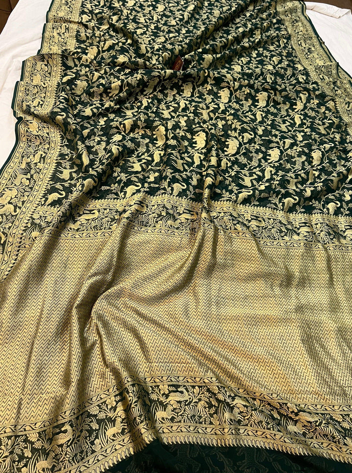 Bottle Green Pure Banarasi Khaddi Georgette Saree - Aura Benaras