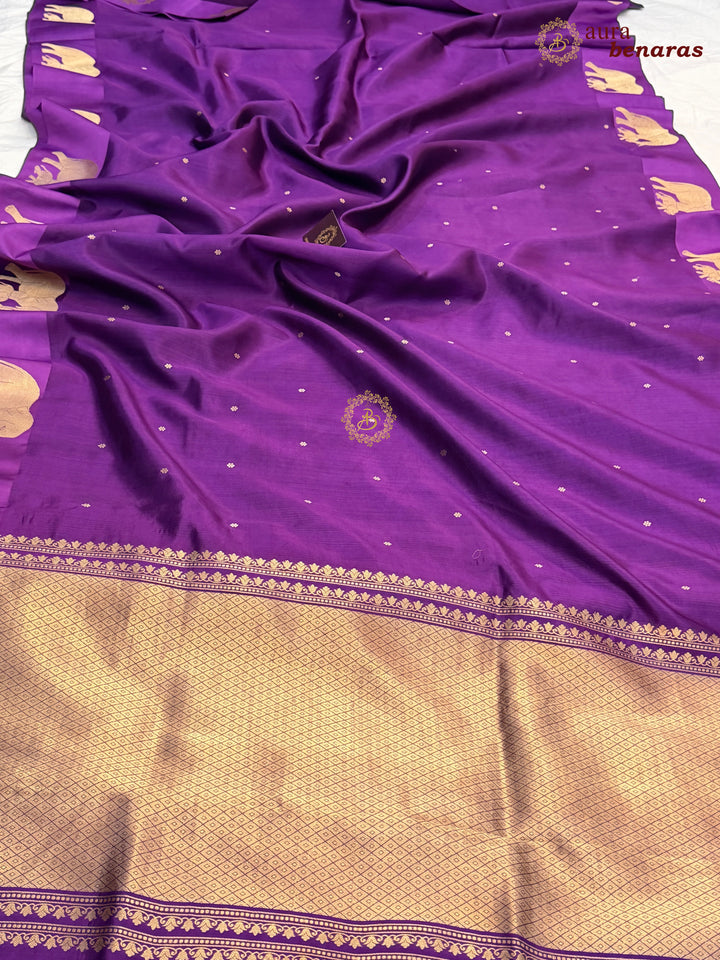 Purple Pure Katan Silk Banarasi Saree Kadhwa Elephant Motifs