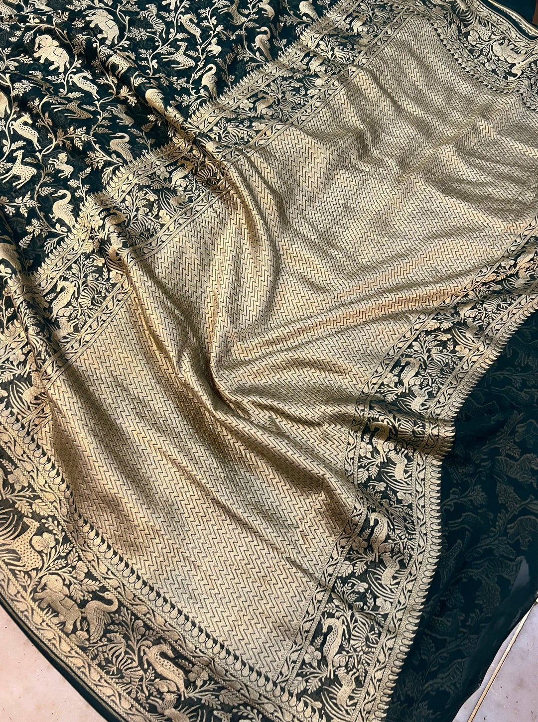 Bottle Green Pure Banarasi Khaddi Georgette Saree - Aura Benaras