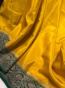 Mustard Yellow Pure Banarasi Khaddi Crepe Silk Saree - Aura Benaras