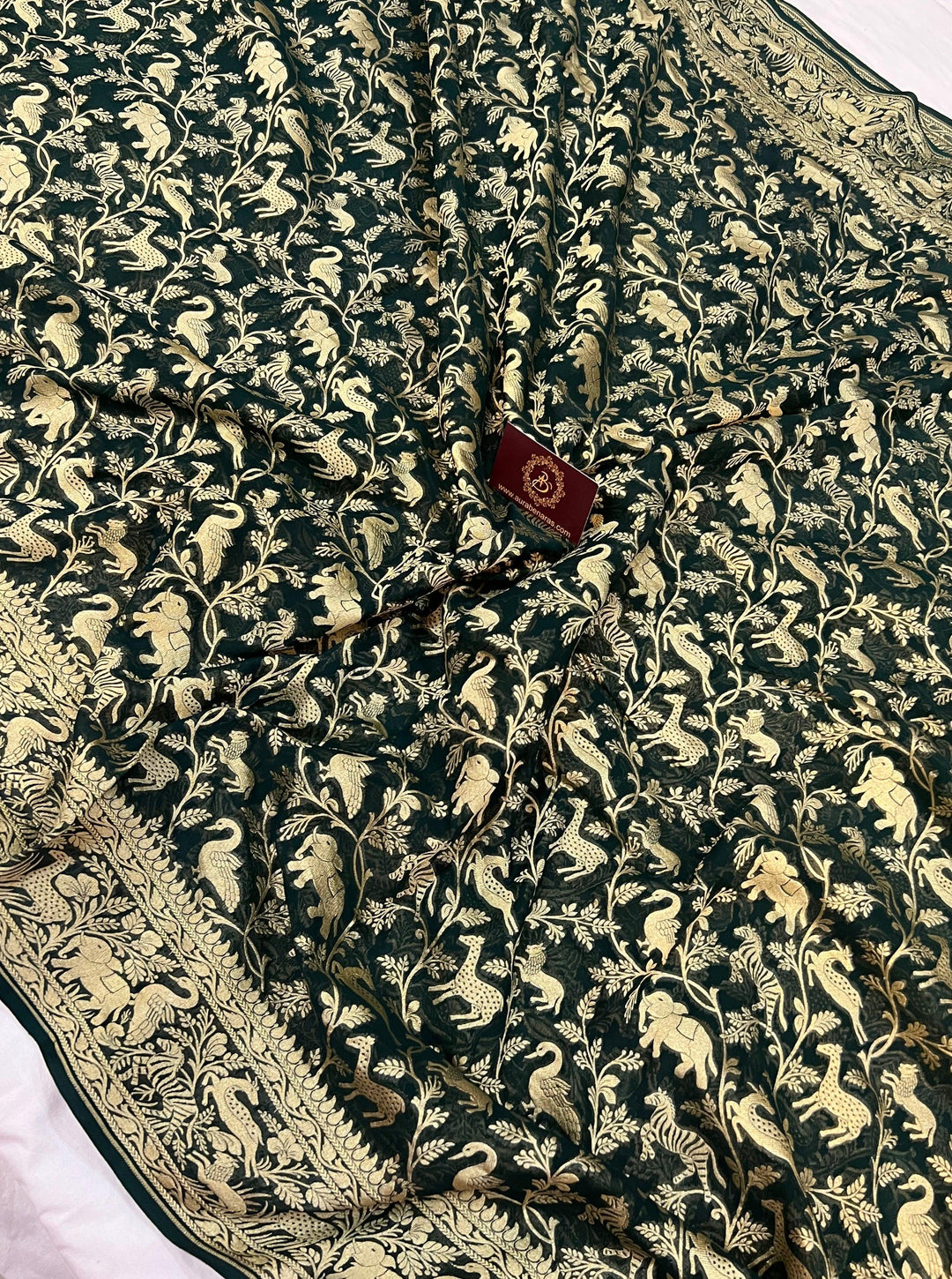 Bottle Green Pure Banarasi Khaddi Georgette Saree - Aura Benaras