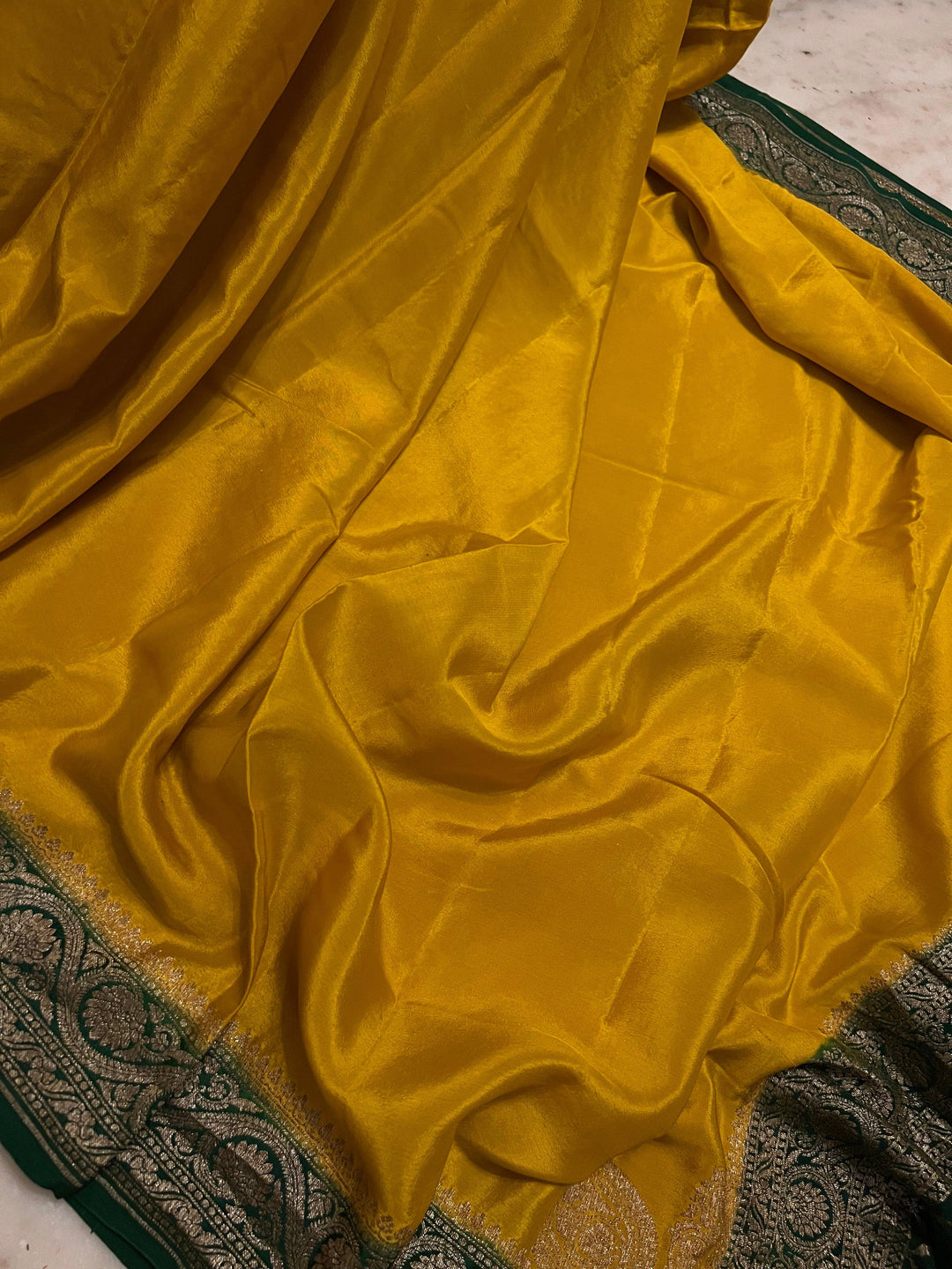 Mustard Yellow Pure Banarasi Khaddi Crepe Silk Saree - Aura Benaras