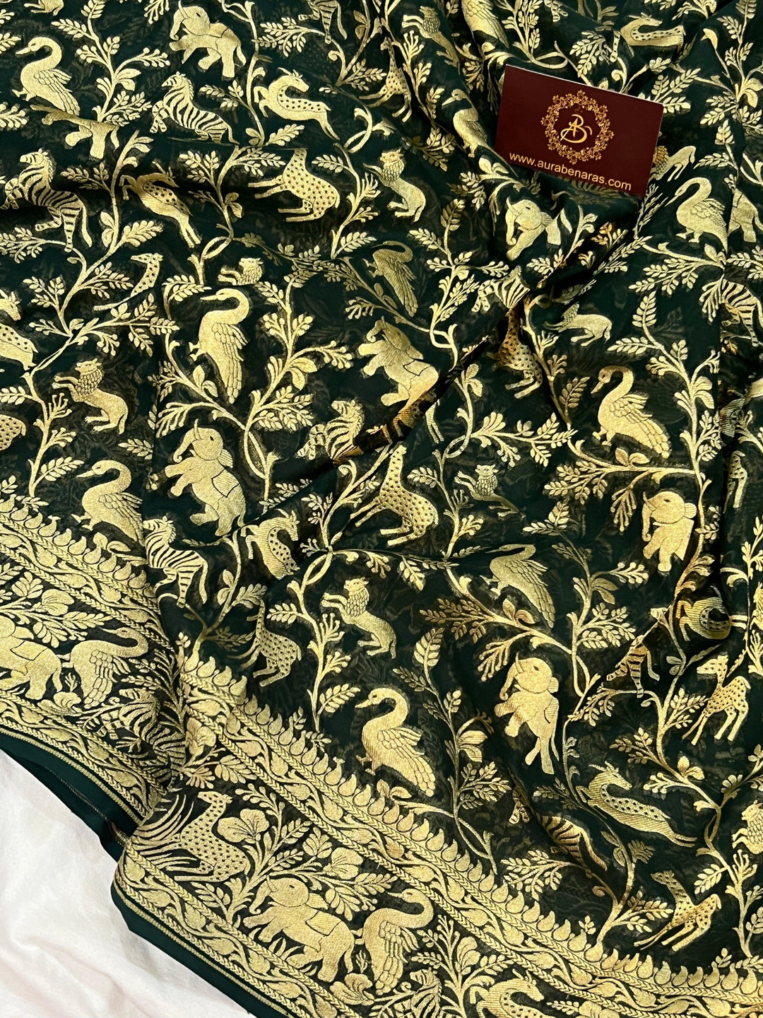 Bottle Green Pure Banarasi Khaddi Georgette Saree - Aura Benaras
