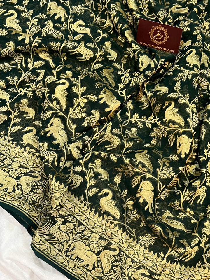 Bottle Green Pure Banarasi Khaddi Georgette Saree - Aura Benaras