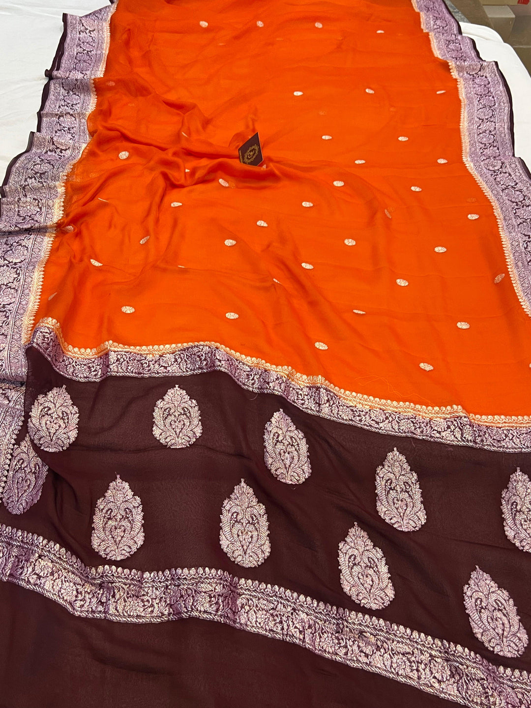Orange Pure Banarasi Khaddi Chiffon Saree | Kadhwa | Aura Benaras
