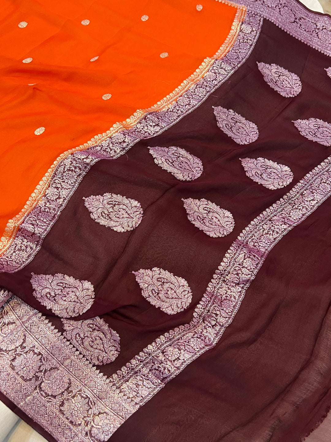 Orange Pure Banarasi Khaddi Chiffon Saree | Kadhwa | Aura Benaras